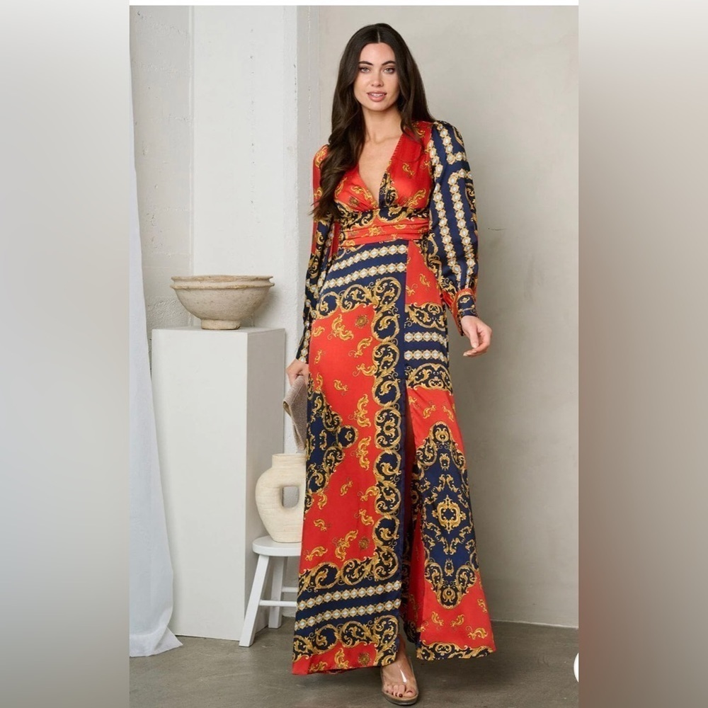 164 Women’s Long Sleeve V Neck Print Maxi Dress